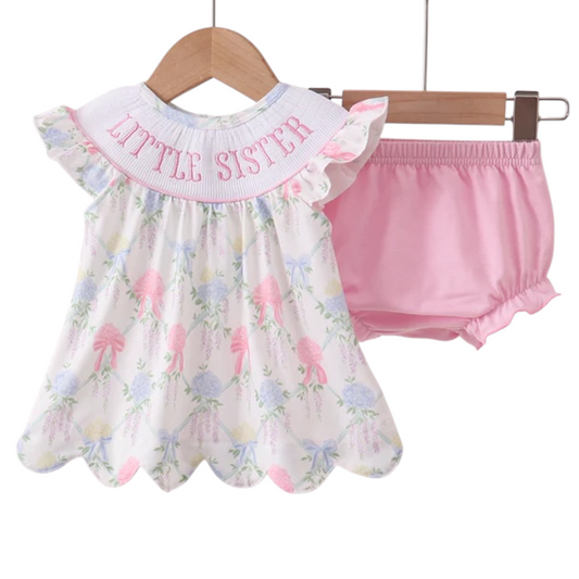 FLORAL PRINT LITTLE SISTER SMOCKED BLOOMER SET
