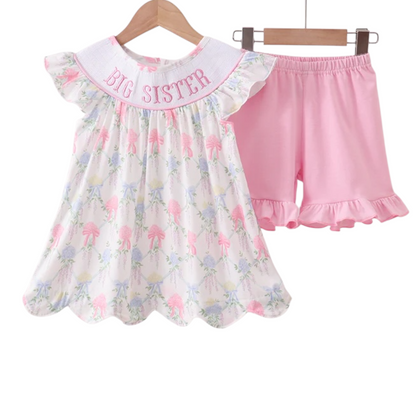 FLORAL PRINT BIG SISTER SMOCKED RUFFLE SHORTS SET