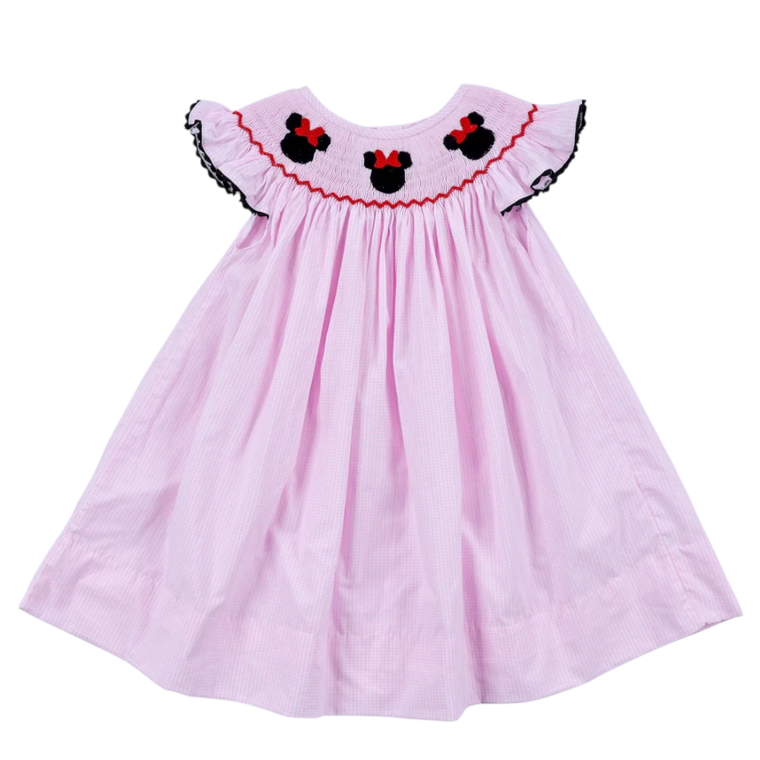 RED CHARACTER HAND SMOCKED PLAID RUFFLE DRESS