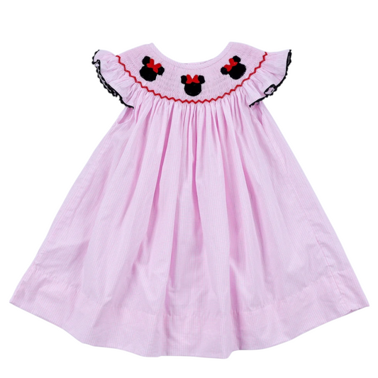 RED CHARACTER HAND SMOCKED PLAID RUFFLE DRESS