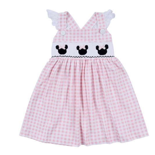 PINK CHARACTER HAND SMOCKED GINGHAM RUFFLE DRESS
