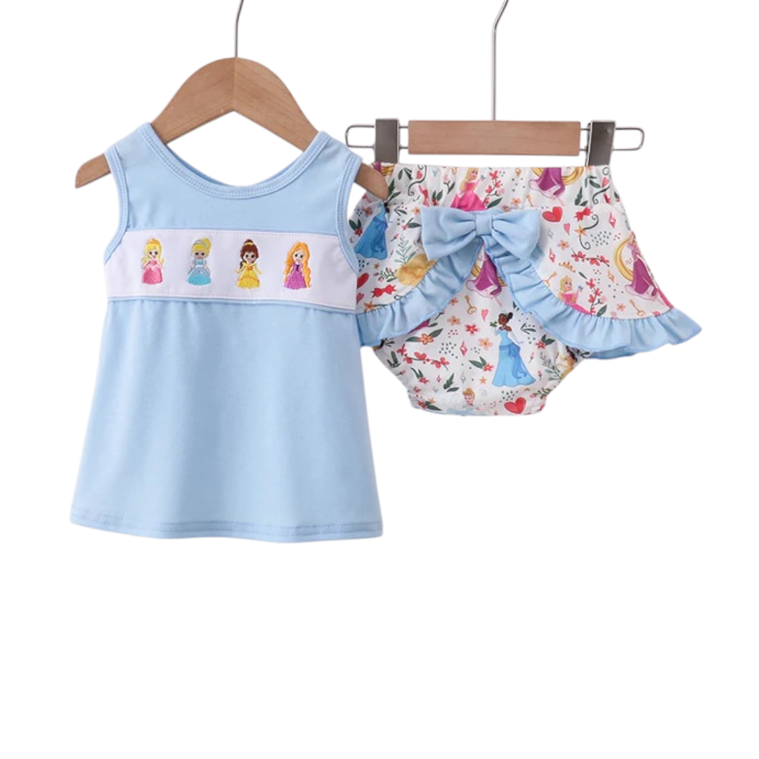 BLUE CHARACTER EMBROIDERY RUFFLE BLOOMER SET