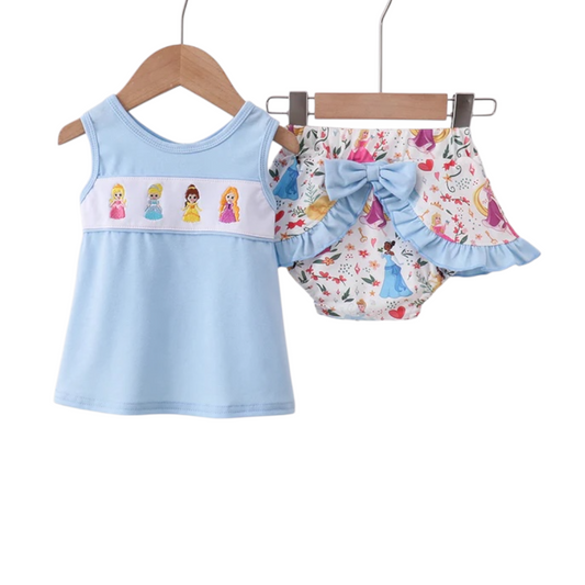 BLUE CHARACTER EMBROIDERY RUFFLE BLOOMER SET