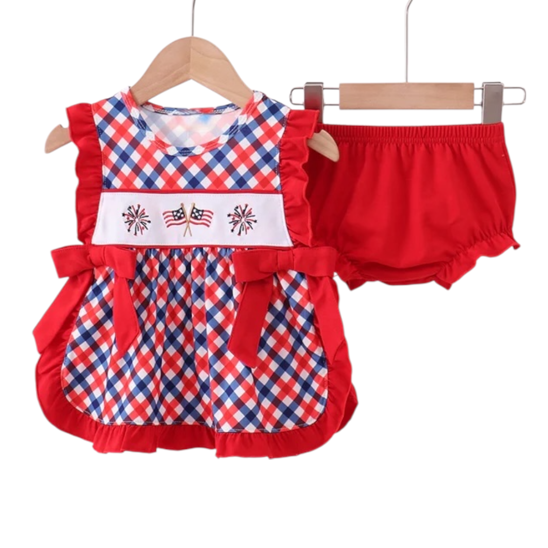 RED FLAG FIREWORKS EMBROIDERY RUFFE BLOOMER SET