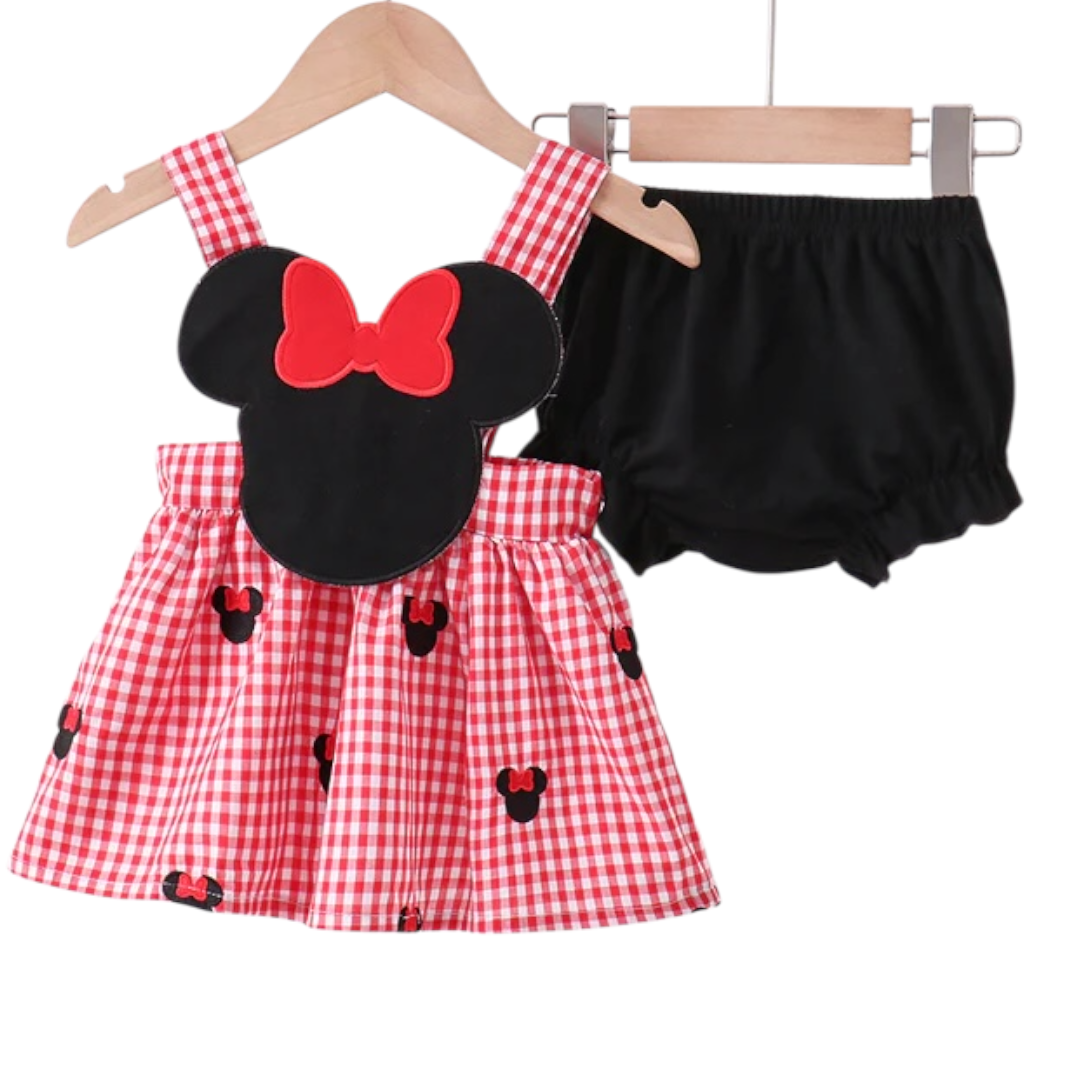 RED CHARACTER EMBROIDERY GINGHAM BLOOMER SET