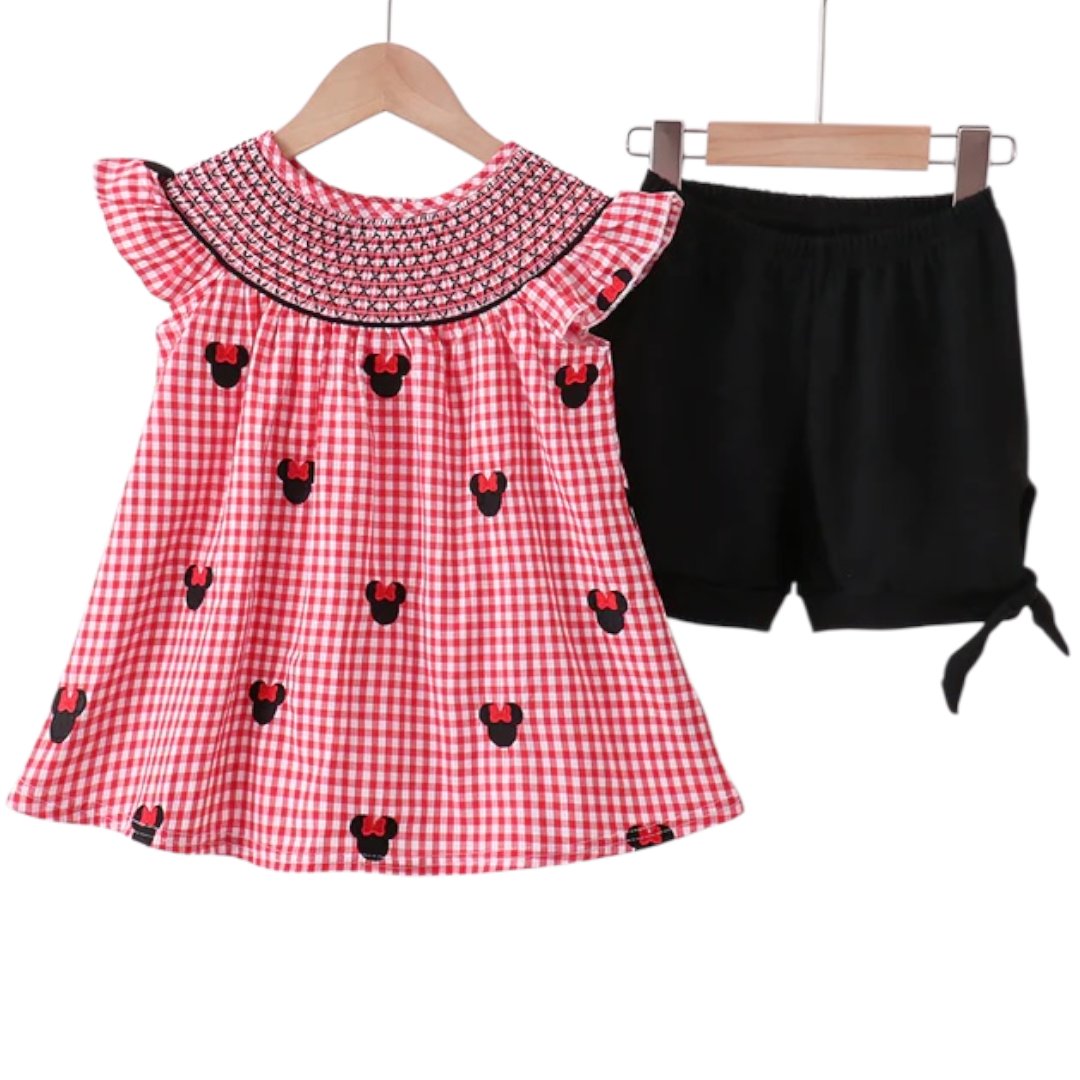 RED CHARACTER SMOCKED GINGHAM SHORTS SET