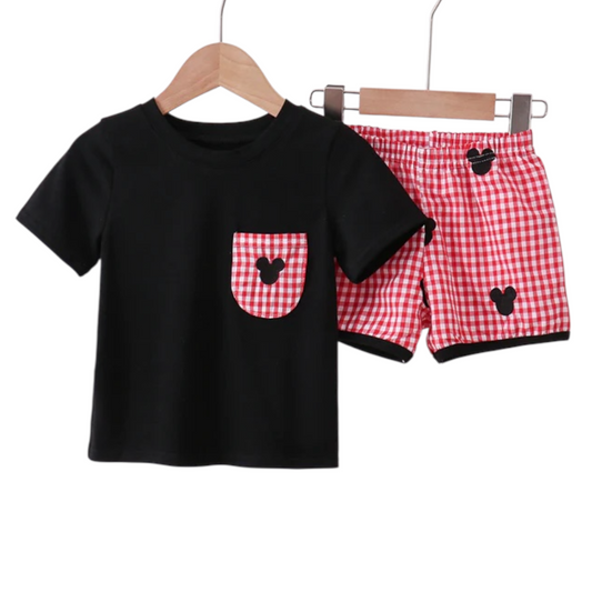 RED CHARACTER EMBROIDERY GINGHAM SHORTS SET