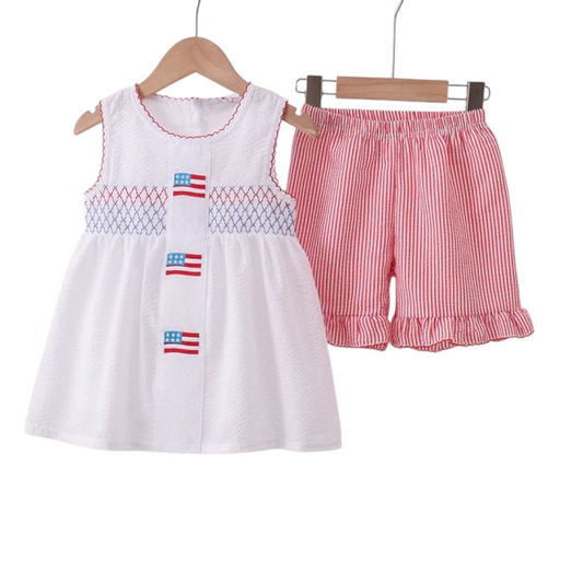 PINK FLAG SMOCKED RUFFLE SHORTS SET