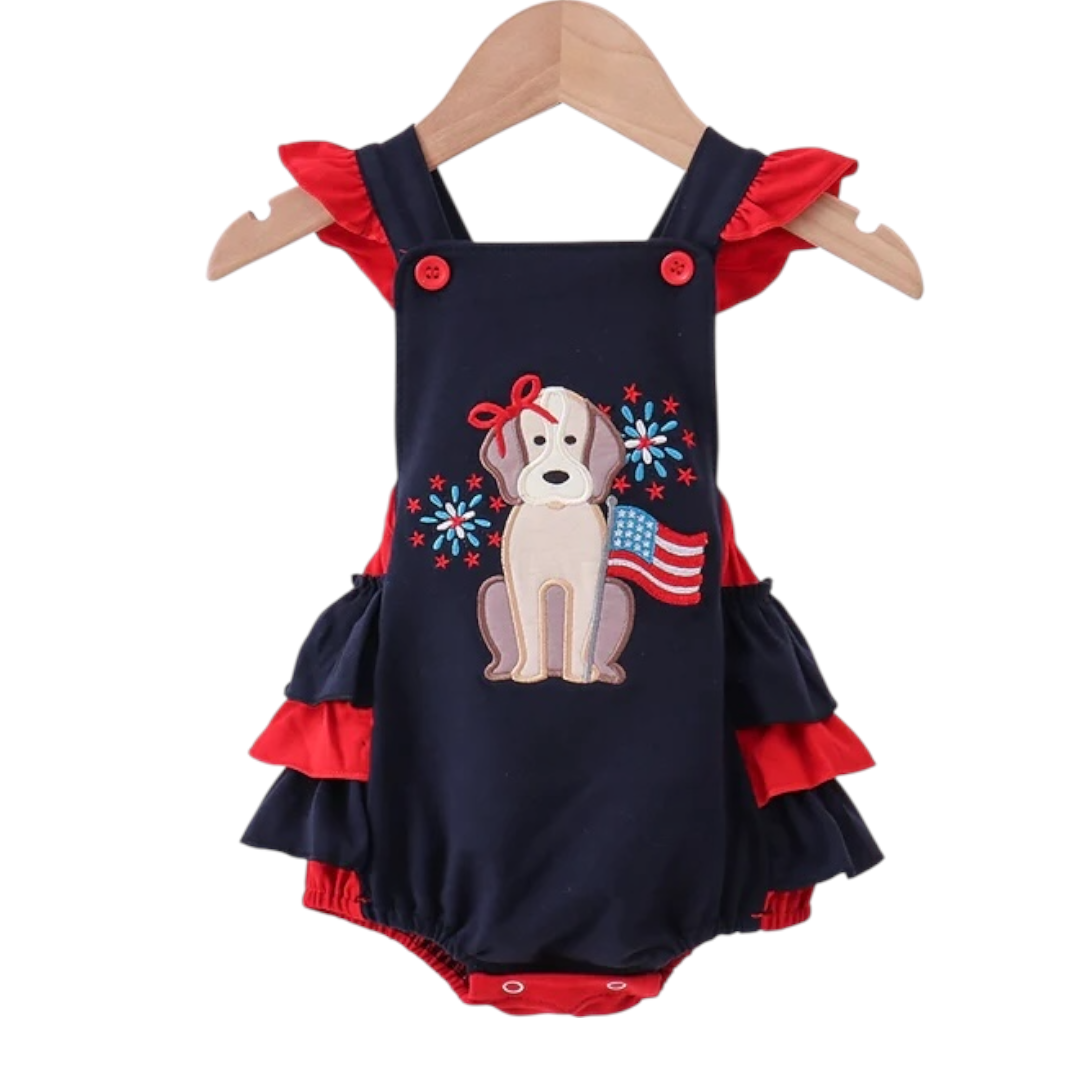 NAVY PUPPY FIREWORKS APPLIQUE RUFFLE BUBBLE