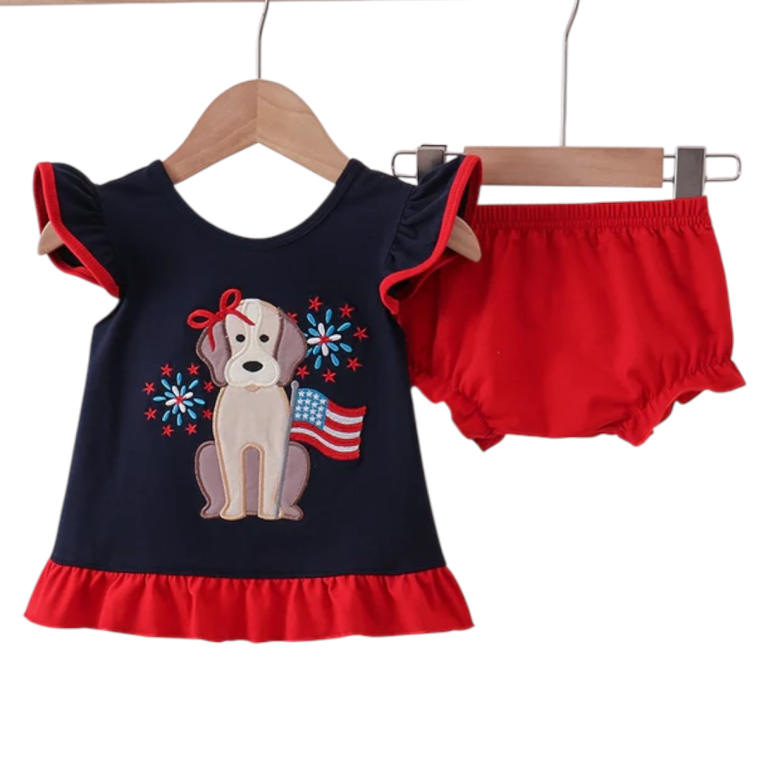 NAVY PUPPY FIREWORKS APPLIQUE RUFFLE BLOOMER SET