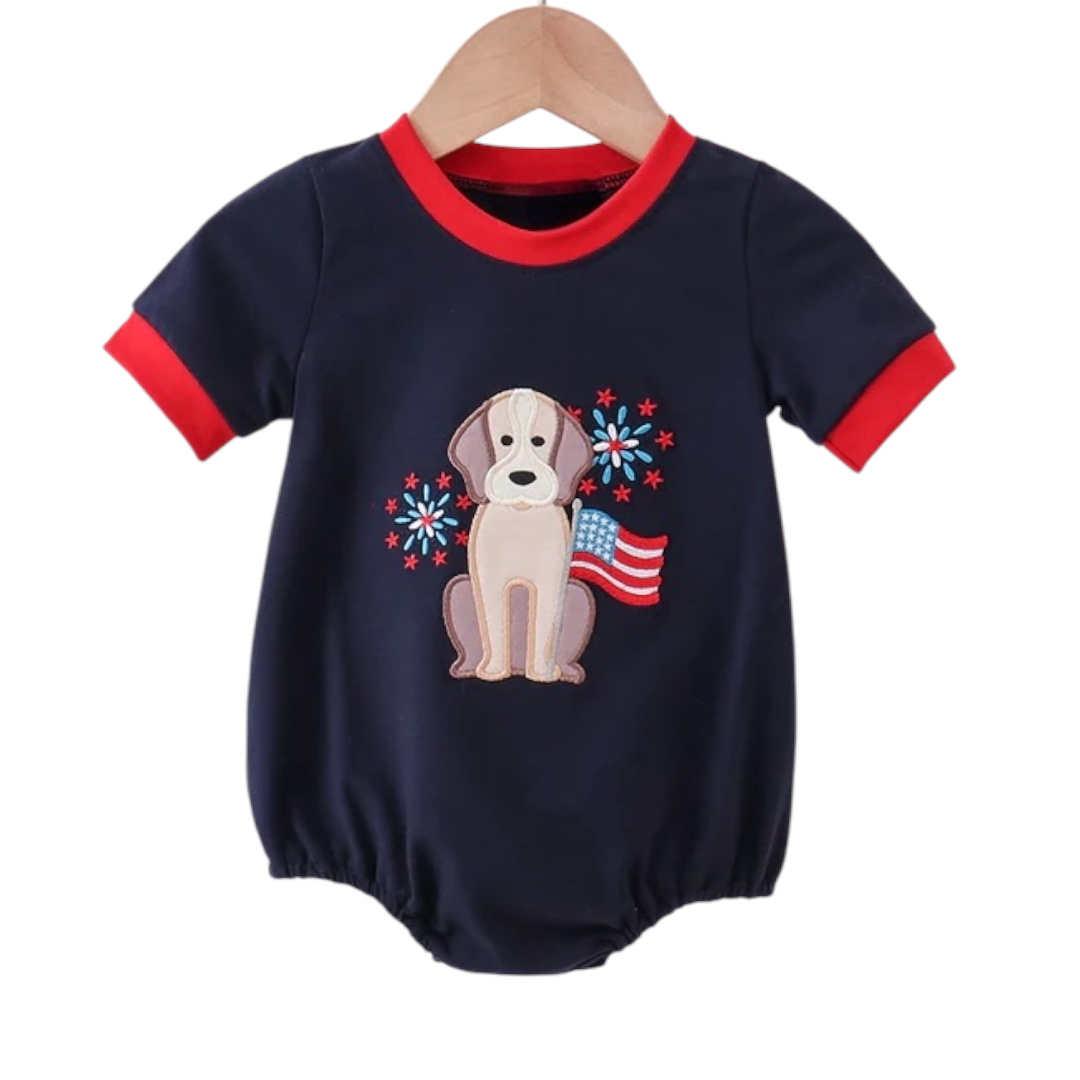 NAVY PUPPY FIREWORKS APPLIQUE BUBBLE