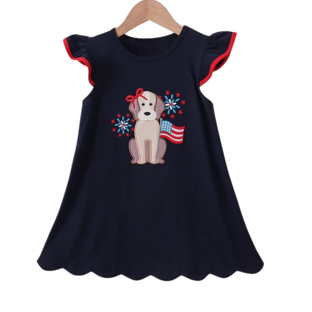 NAVY PUPPY FIREWORKS APPLIQUE RUFFLE DRESS