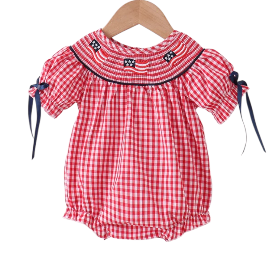 RED FLAG SMOCKED GINGHAM BUBBLE