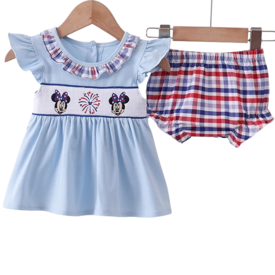 BLUE PATRIOTIC CHARACTER FIREWORKS SMOCKED PLAID BLOOMER SET