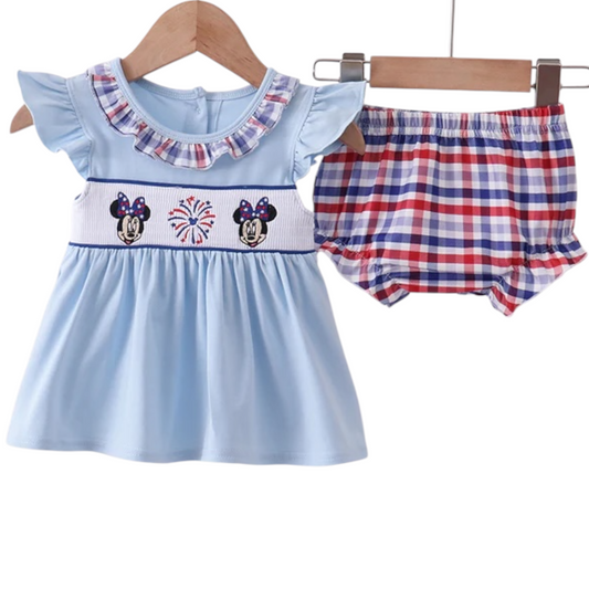 BLUE PATRIOTIC CHARACTER FIREWORKS SMOCKED PLAID BLOOMER SET