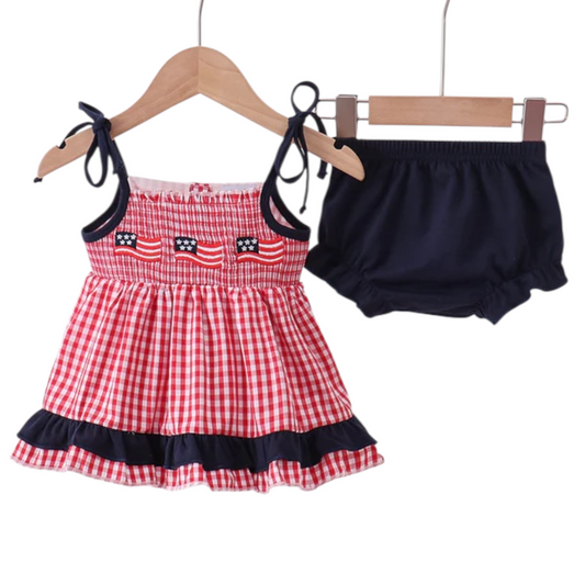 RED FLAG SMOCKED GINGHAM BLOOMER SET