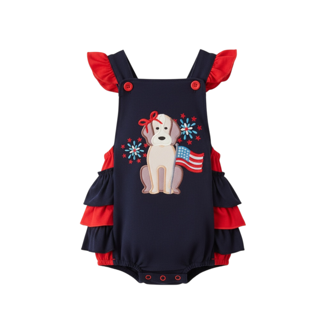 NAVY PUPPY FIREWORKS APPLIQUE RUFFLE BUBBLE