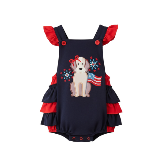 NAVY PUPPY FIREWORKS APPLIQUE RUFFLE BUBBLE