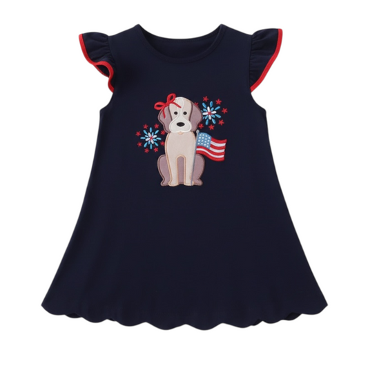 NAVY PUPPY FIREWORKS APPLIQUE RUFFLE DRESS