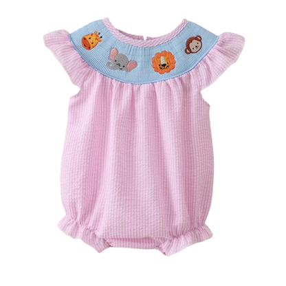 PINK SEERSUCKER ANIMAL SMOCKED RUFFLE BUBBLE