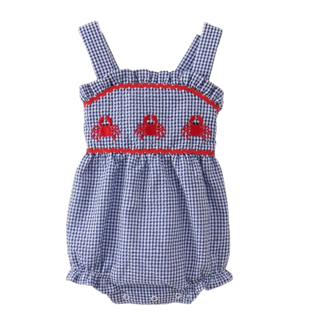 BLUE CRAB EMBROIDERY GINGHAM RUFFLE BUBBLE
