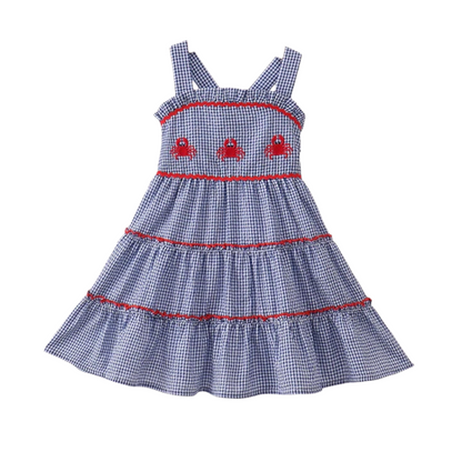 BLUE CRAB EMBROIDERY GINGHAM TIERED DRESS