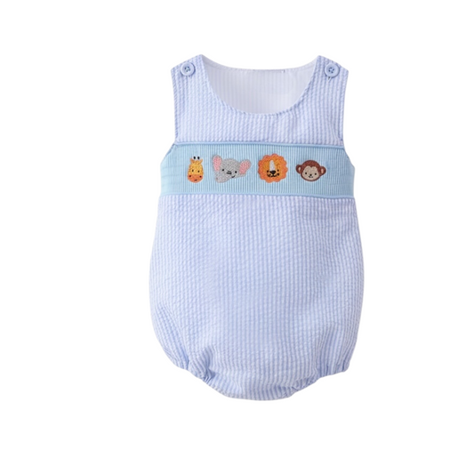 BLUE SEERSUCKER ANIMAL SMOCKED BUBBLE