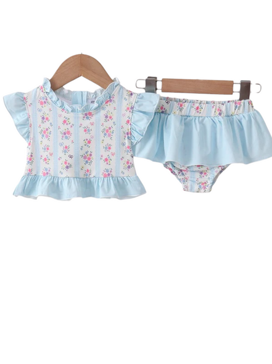 BLUE FLORAL RUFFLE 2PC SWIMSUIT