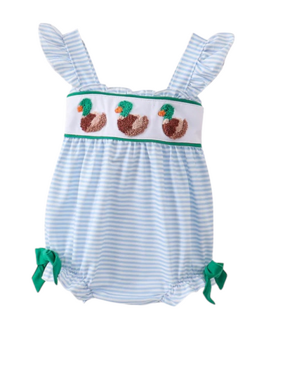 BLUE STRIPE DUCK FRENCH KNOT RUFFLE BUBBLE