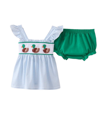 BLUE STRIPE DUCK FRENCH KNOT RUFFLE BLOOMER SET