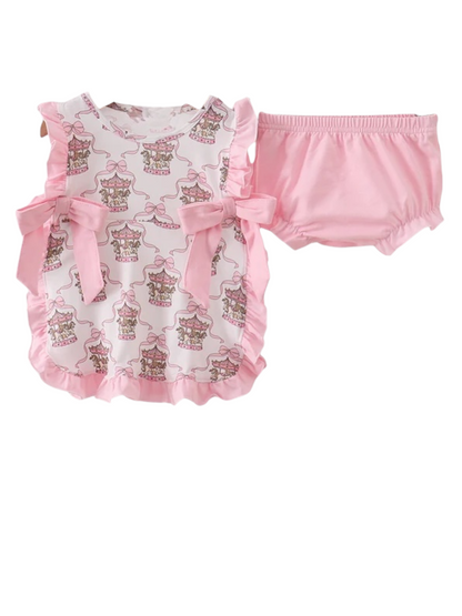 PINK CAROUSEL PRINT RUFFLE BLOOMER SET
