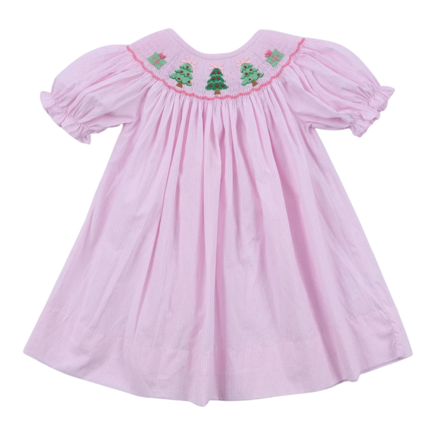 PINK CHRISTMAS TREE HAND SMOCKED DRESS