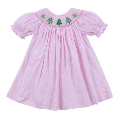 PINK CHRISTMAS TREE HAND SMOCKED DRESS