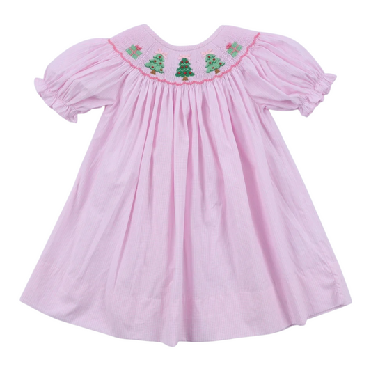 PINK CHRISTMAS TREE HAND SMOCKED DRESS