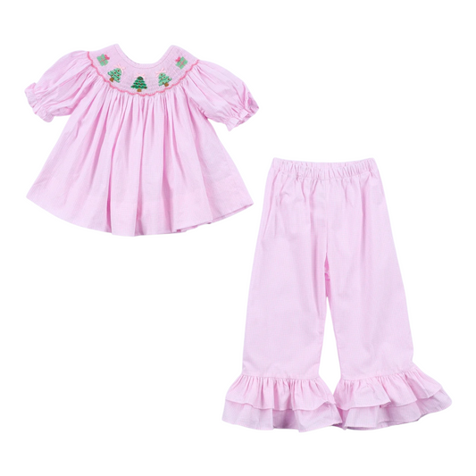 PINK CHRISTMAS TREE HAND SMOCKED RUFFLE PANTS SET