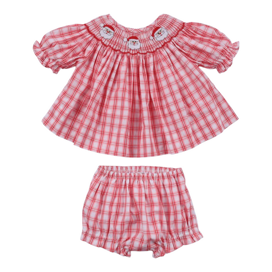 RED CHRISTMAS SANTA CLAUS HAND SMOCKED PLAID BLOOMER SET