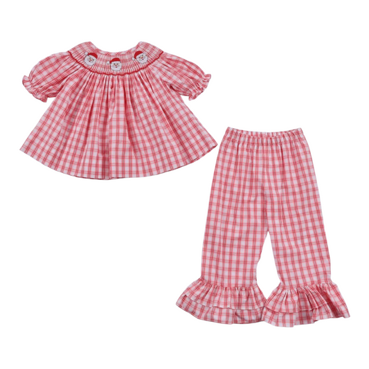 RED CHRISTMAS SANTA CLAUS HAND SMOCKED PLAID RUFFLE PANTS SET