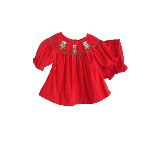 RED CHRISTMAS TREE HAND SMOCKED BLOOMER SET