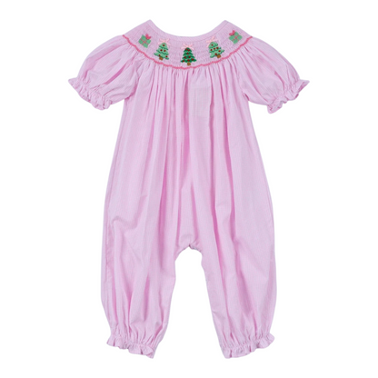 PINK CHRISTMAS TREE HAND SMOCKED RUFFLE ROMPER