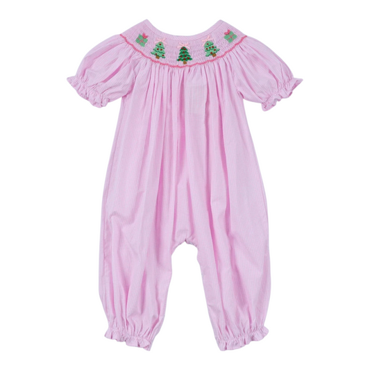 PINK CHRISTMAS TREE HAND SMOCKED RUFFLE ROMPER