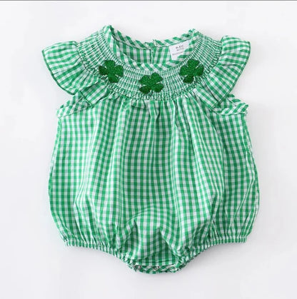 St. Patrick's Day Shamrock Embroidery Smocked Sleeveless Bubble
