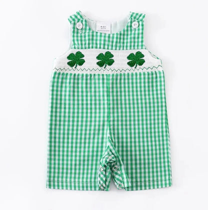 St. Patrick's Day Boys' Shamrock Embroidery Smocked Sleeveless Romper