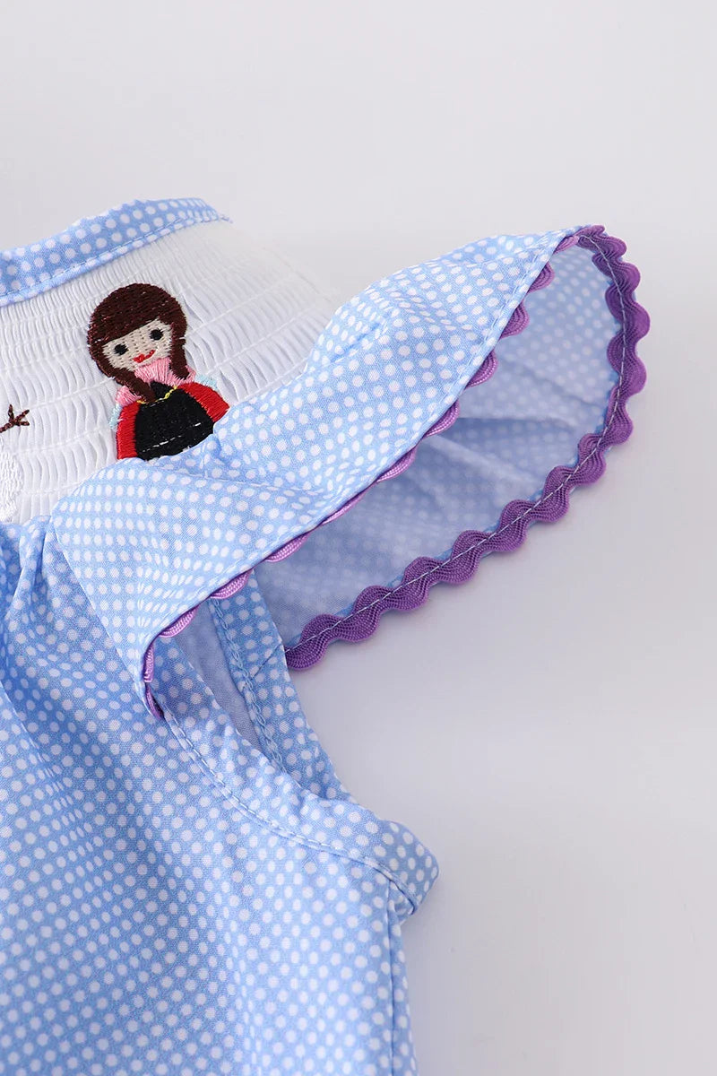 frozen smocked dress Frozen Embroidered Polka Dot Smocked Dress – POPPIBLUE