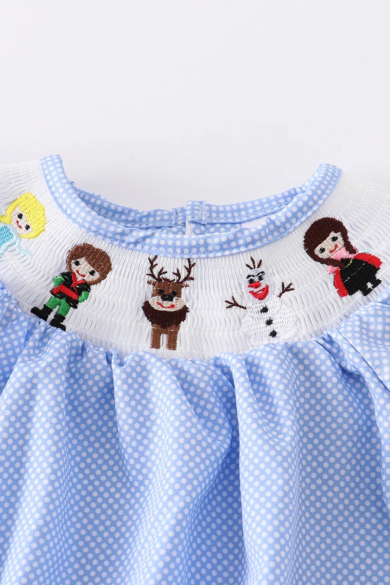 Frozen Embroidered Polka Dot Girls Smocked Romper