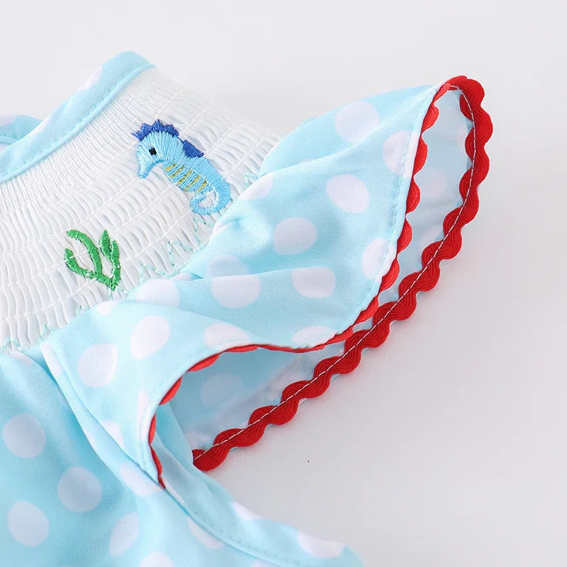 Girls Polka Dot Smocked Mermaid Embroidery Romper