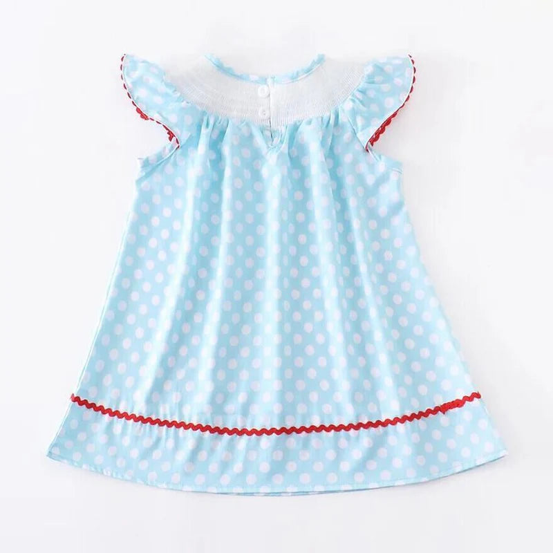 Girls Polka Dot Smocked Mermaid Embroidery Dress