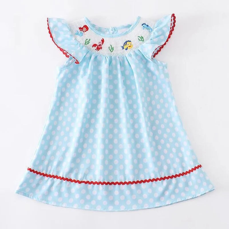 Girls Polka Dot Smocked Mermaid Embroidery Dress