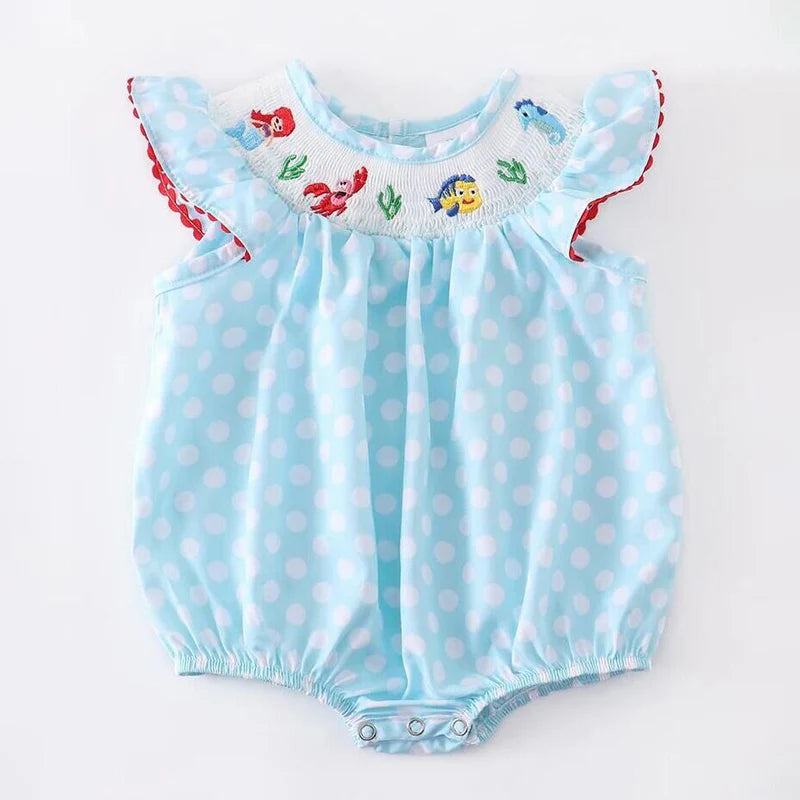 Girls Polka Dot Smocked Mermaid Embroidery Romper