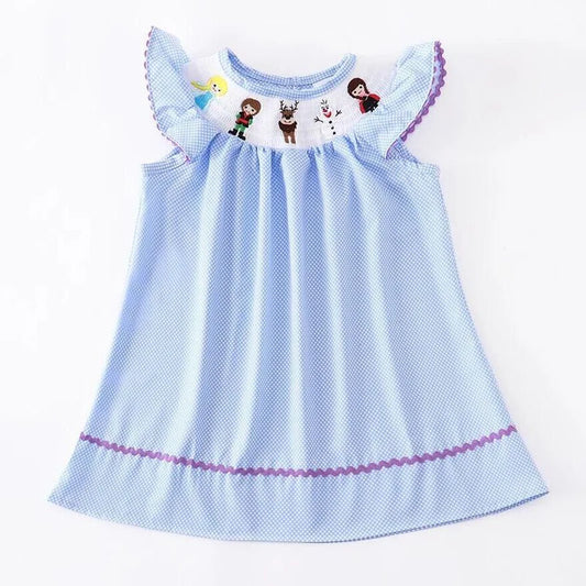 Frozen Embroidered Polka Dot Smocked Dress
