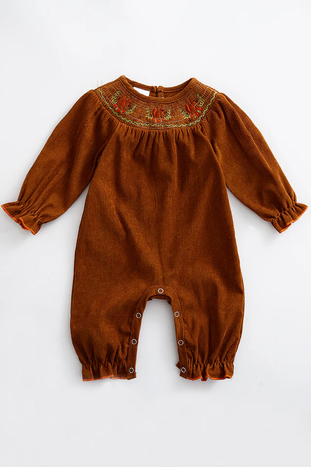 KHAKI SQUIRREL SMOCKED BABY ROMPER